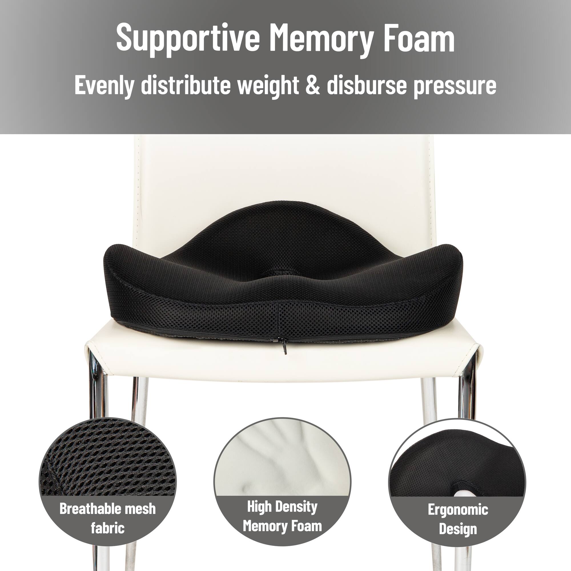 Mind Reader Donut Pillow with Air-Cloud Technology, Ergonomic Memory Foam Seat Cushion for Tailbone, Hemorrhoid, Pregnancy & Lower Back Pain Relief, Washable Cover, Black